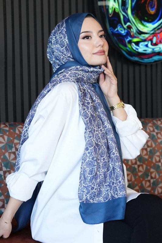 Çiçek Desen Turkuaz Soft Pamuk Şal - 1