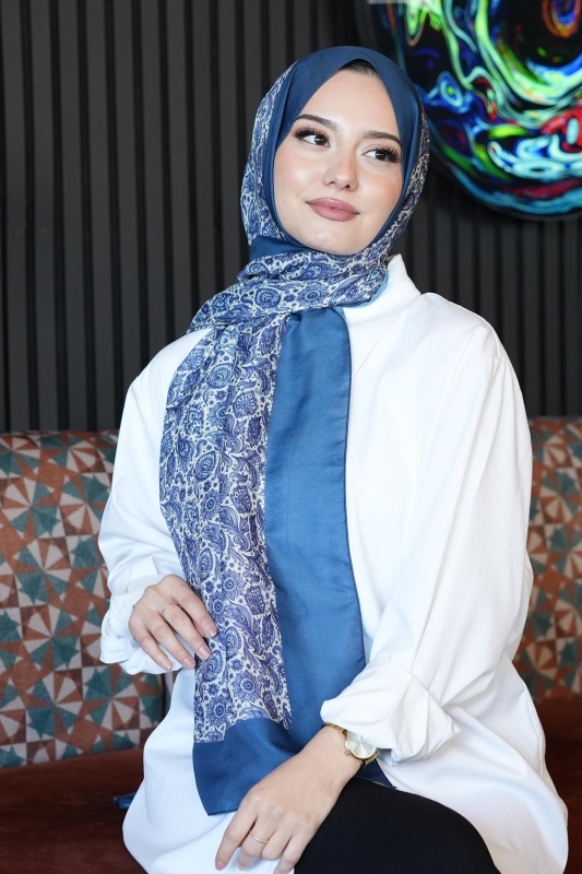 Çiçek Desen Turkuaz Soft Pamuk Şal - 2