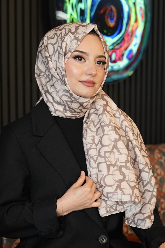 Geometrik Desen Bej Soft Pamuk Şal - 1