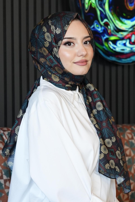 Çiçek Desen Koyu Yeşil Soft Pamuk Şal - 1