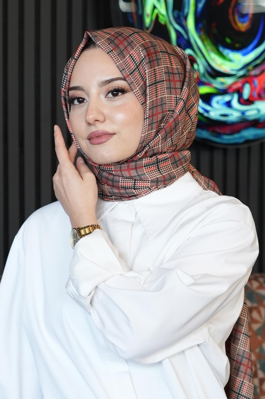 Geometrik Desen Açık Kahverengi Soft Pamuk Şal - 2