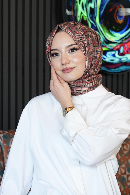 Geometrik Desen Açık Kahverengi Soft Pamuk Şal - 3