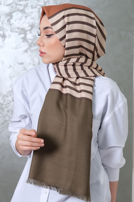 Çizgili Desen Altın Sarısı Soft Pamuk Şal - 1