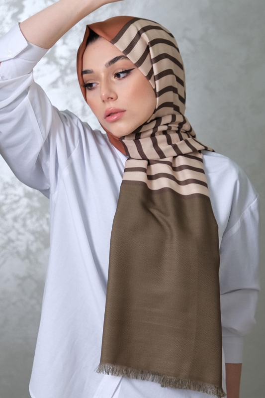 Çizgili Desen Altın Sarısı Soft Pamuk Şal - 2