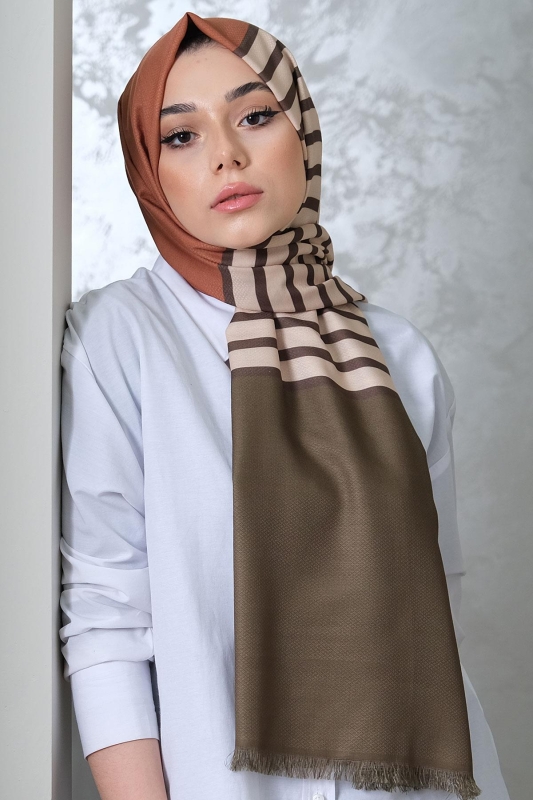 Çizgili Desen Altın Sarısı Soft Pamuk Şal - 3