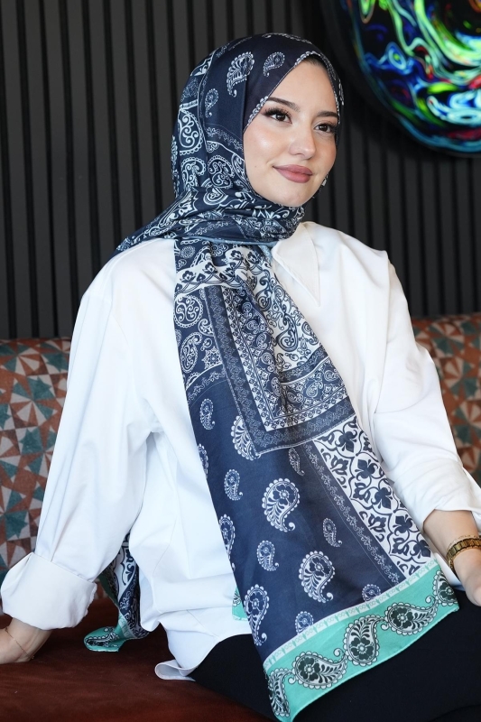 Paisley Desen Lacivert Soft Pamuk Şal - 1