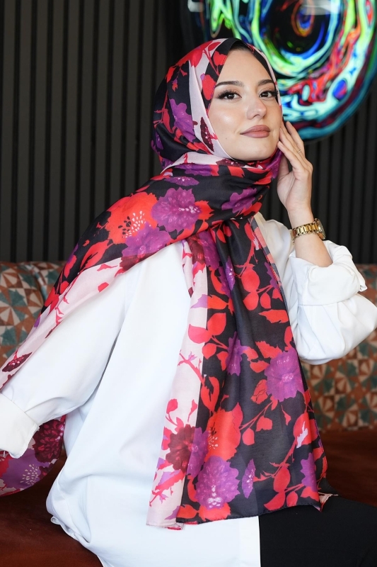 Çiçek Desen Pembe Soft Pamuk Şal - 1