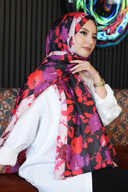 Çiçek Desen Pembe Soft Pamuk Şal - 2