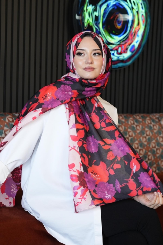 Çiçek Desen Pembe Soft Pamuk Şal - 4