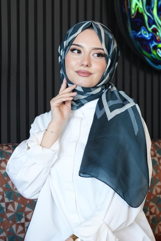 Geometrik Desen Koyu Mavi Soft Pamuk Şal - 3