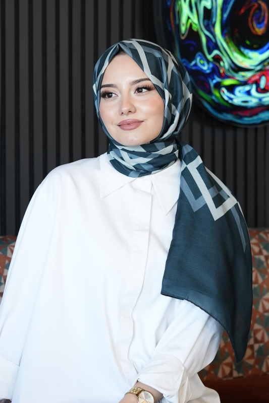 Geometrik Desen Koyu Mavi Soft Pamuk Şal - 4