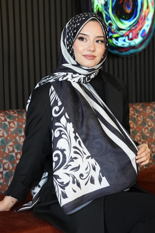 Barok Desen Siyah - Beyaz Soft Pamuk Şal - 1