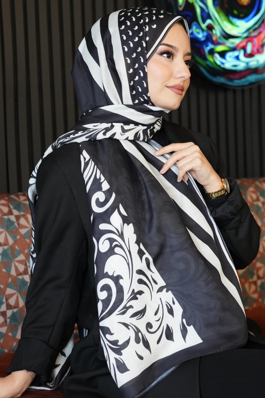 Barok Desen Siyah - Beyaz Soft Pamuk Şal - 2