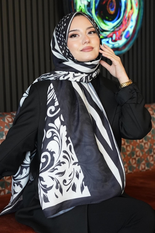 Barok Desen Siyah - Beyaz Soft Pamuk Şal - 4