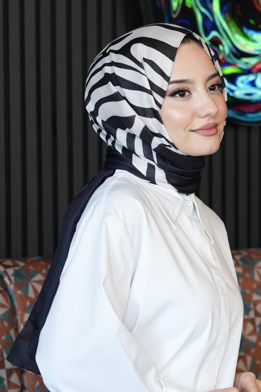 Çizgili Desen Siyah - Beyaz Soft Pamuk Şal - 1
