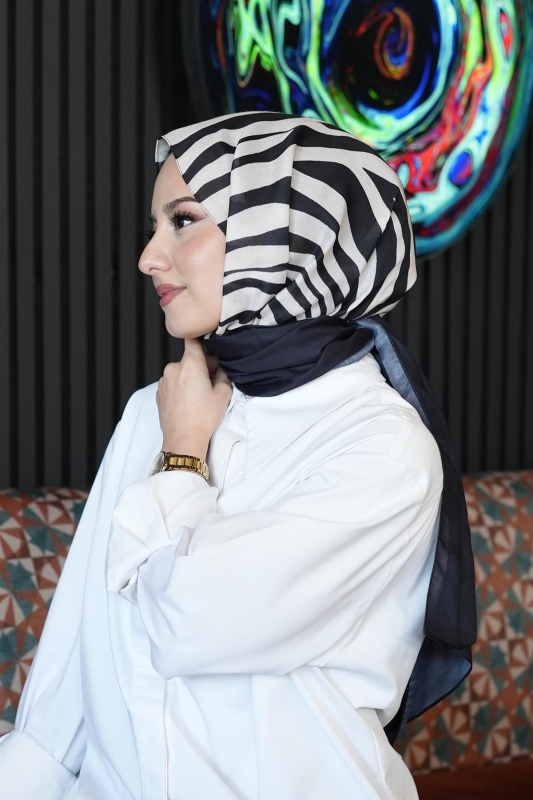Çizgili Desen Siyah - Beyaz Soft Pamuk Şal - 4