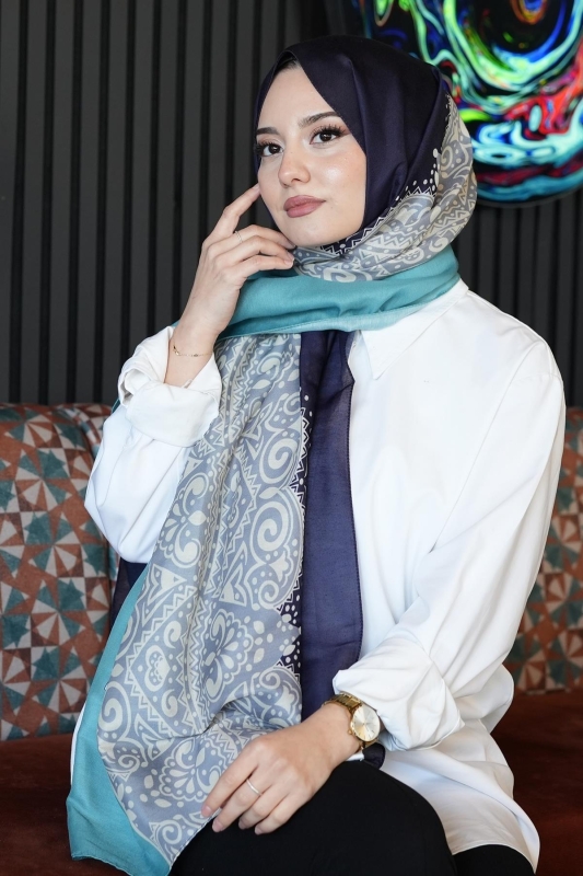 Çiçek Desen Açık Mavi Soft Pamuk Şal - 2