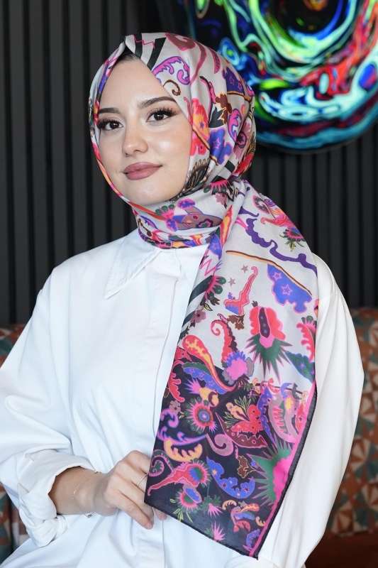 Çiçek Desen Krem Soft Pamuk Şal - 1