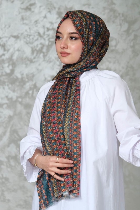 Etnik Desen Koyu Yeşil Soft Pamuk Şal - 1