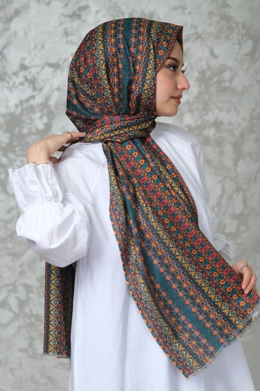 Etnik Desen Koyu Yeşil Soft Pamuk Şal - 2