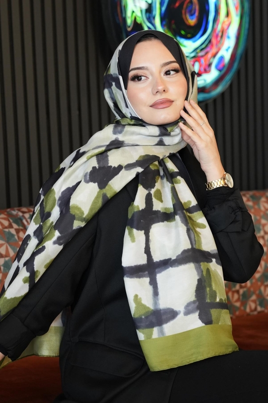 Batik Çizgi Desen Zeytuni Soft Pamuk Şal - 2