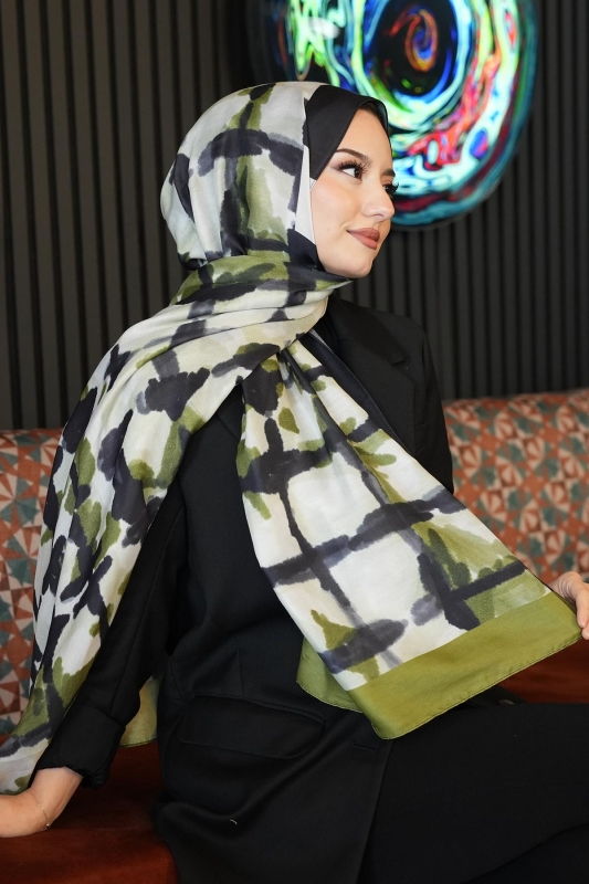 Batik Çizgi Desen Zeytuni Soft Pamuk Şal - 3