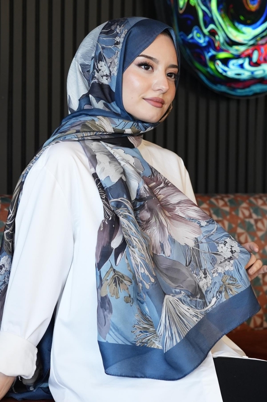 Botanik Çiçek Desen Turkuaz Soft Pamuk Şal - AFVENTE