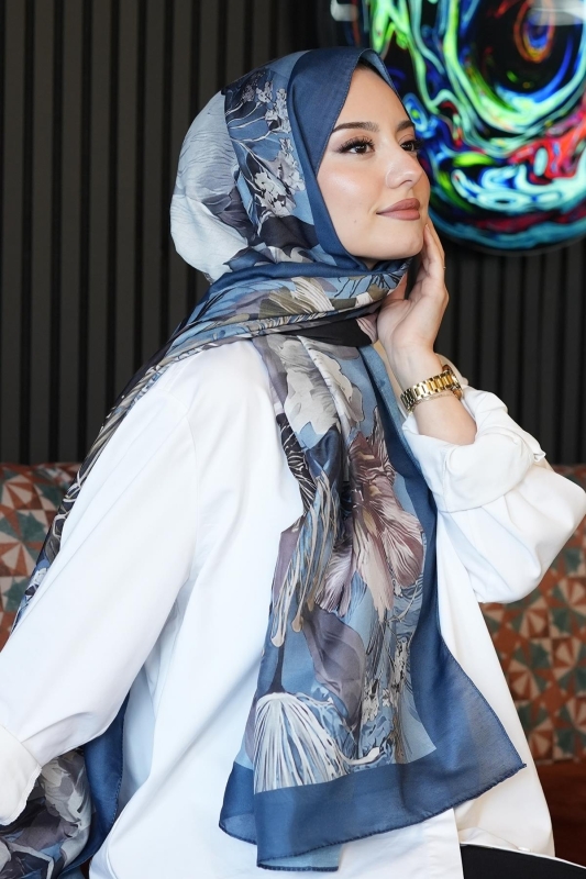 Botanik Çiçek Desen Turkuaz Soft Pamuk Şal - 2