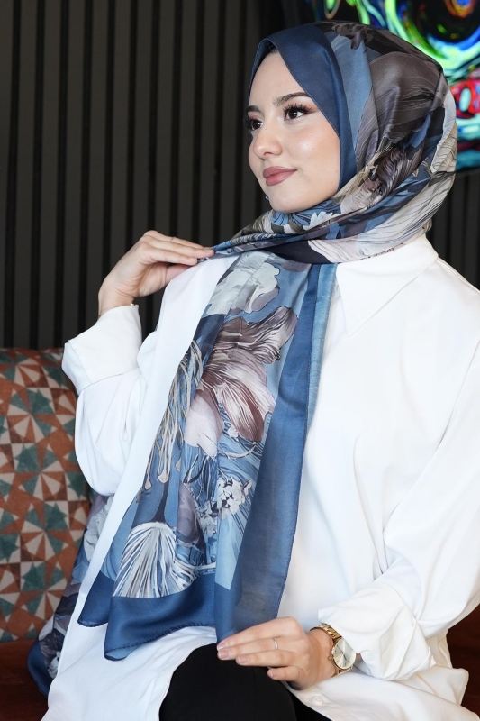 Botanik Çiçek Desen Turkuaz Soft Pamuk Şal - 3