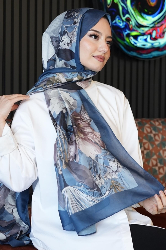 Botanik Çiçek Desen Turkuaz Soft Pamuk Şal - 4