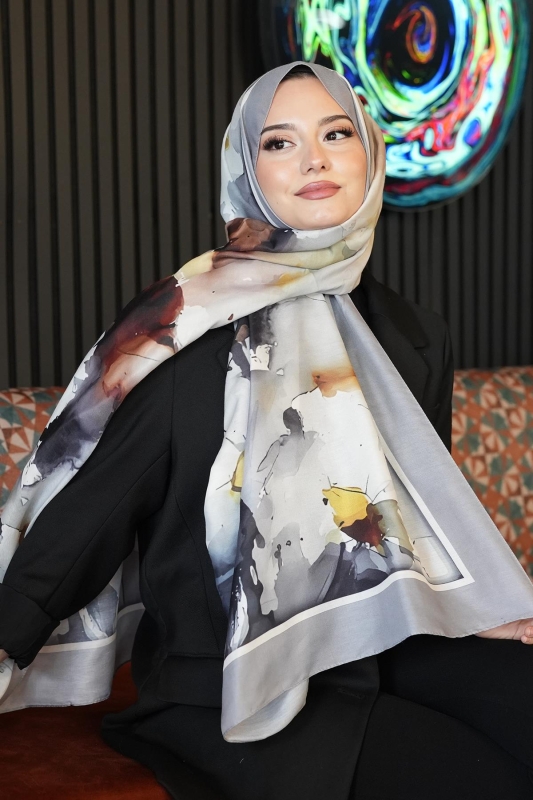 Çiçek Desen Gri Soft Pamuk Şal - 2