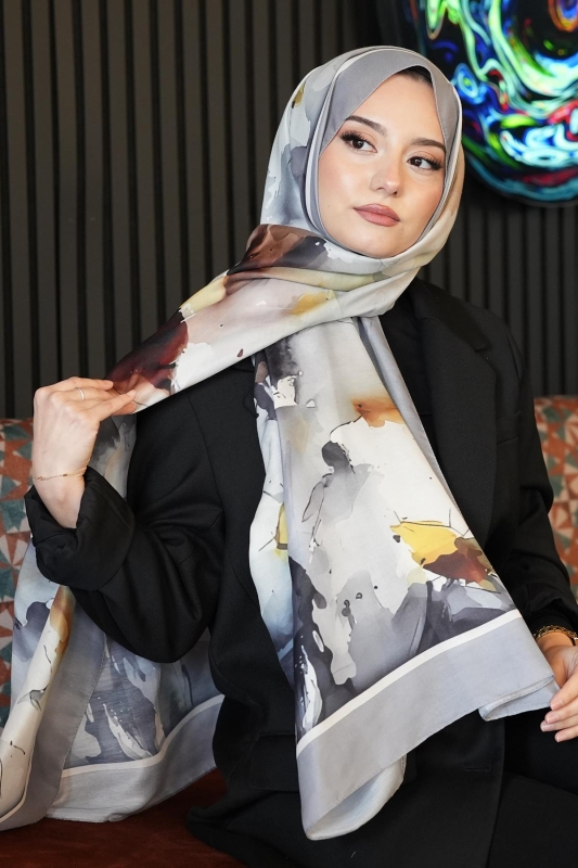 Çiçek Desen Gri Soft Pamuk Şal - 3