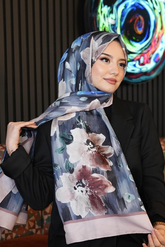 Çizgi Çiçek Desen Füme Soft Pamuk Şal - 3