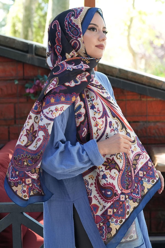 Damla Motif Desen İndigo Soft Pamuk Şal - 4