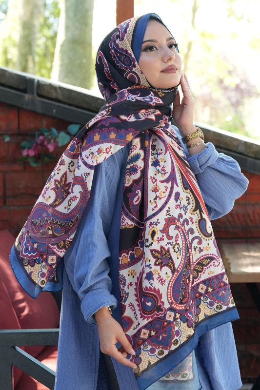 Damla Motif Desen İndigo Soft Pamuk Şal - 3