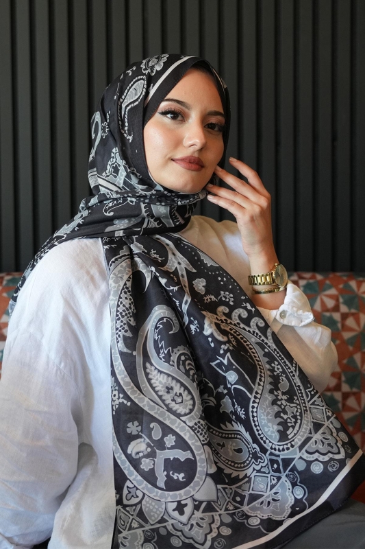 Damla Motif Desen Siyah Soft Pamuk Şal - 2
