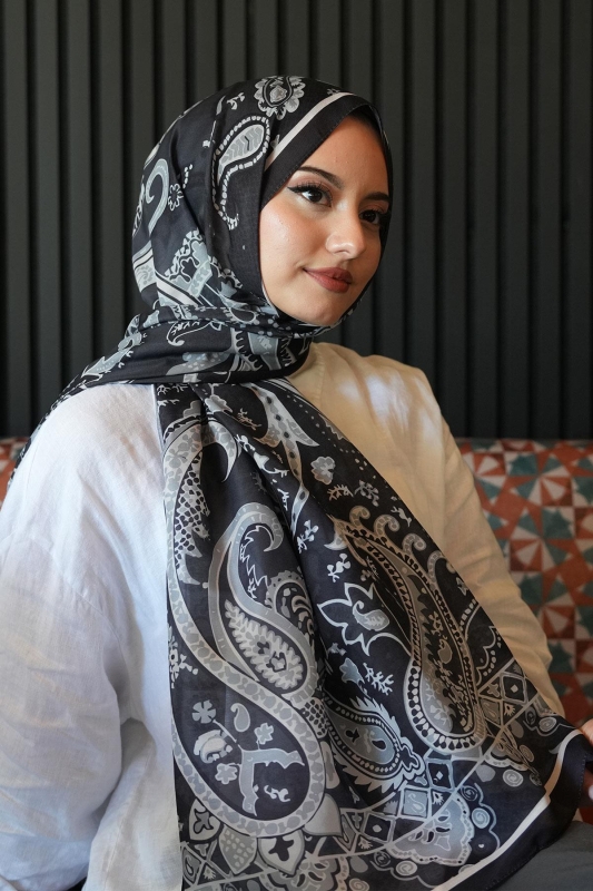 Damla Motif Desen Siyah Soft Pamuk Şal - 3