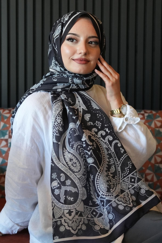 Damla Motif Desen Siyah Soft Pamuk Şal - 4