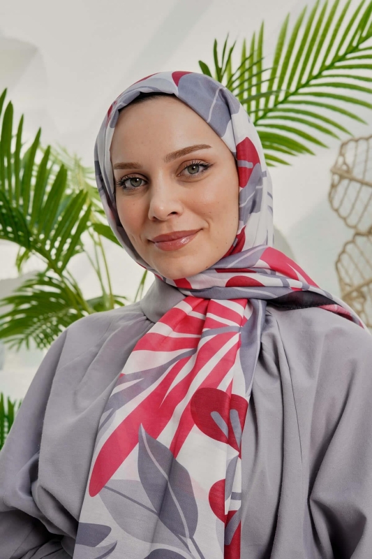 Tropikal Yaprak Desen Kırmızı Soft Pamuk Şal - 1