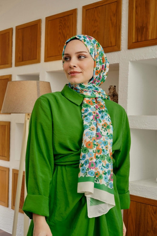 Çiçek Desen Yeşil Soft Pamuk Şal - 1