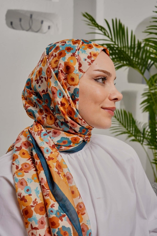 Çiçek Desen Sarı Soft Pamuk Şal - 1