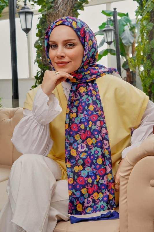 Çiçek Desen Lacivert Soft Pamuk Şal - 1