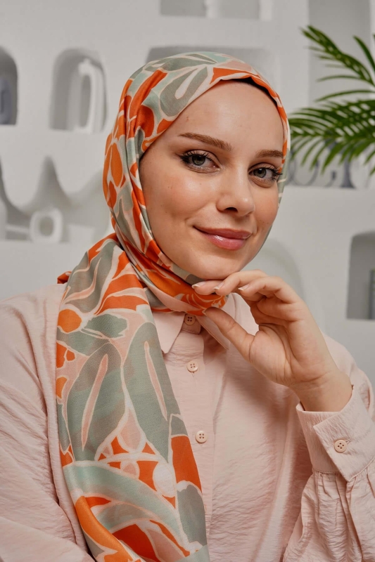 Çiçek Desen Turuncu Soft Pamuk Şal - 1