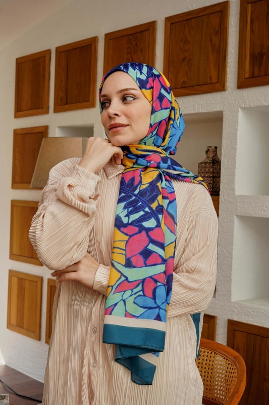 Çiçek Desen Mavi Soft Pamuk Şal - 1
