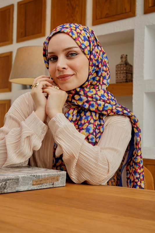 Leopar Desen Lacivert Soft Pamuk Şal - 1