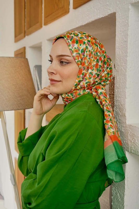 Leopar Desen Yeşil Soft Pamuk Şal - 1