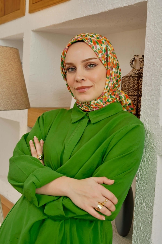 Leopar Desen Yeşil Soft Pamuk Şal - 3
