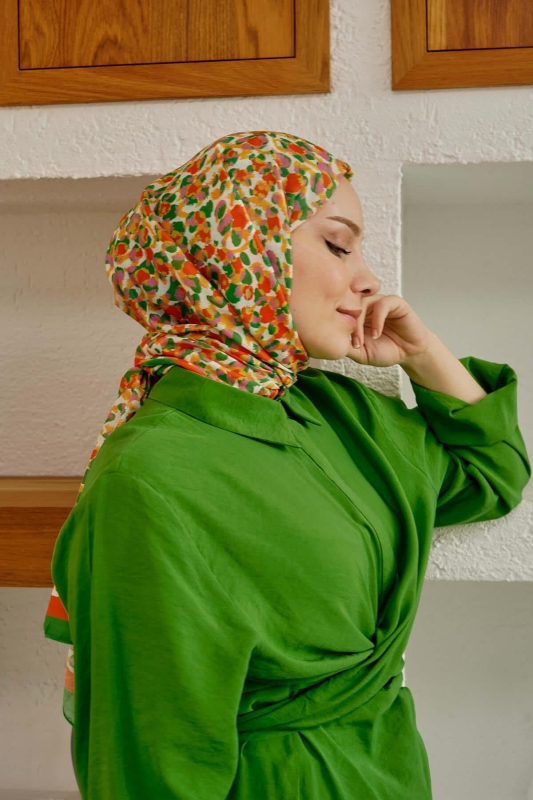Leopar Desen Yeşil Soft Pamuk Şal - 6