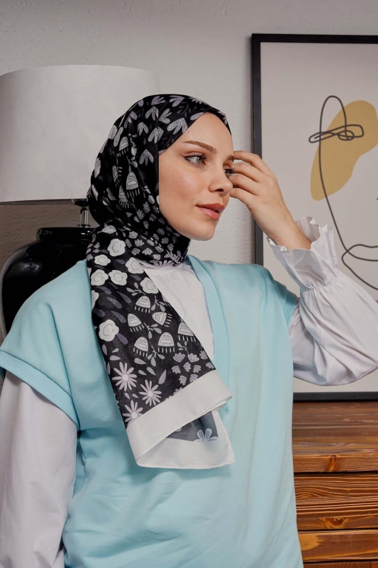 Çiçek Desen Siyah Soft Pamuk Şal - 1