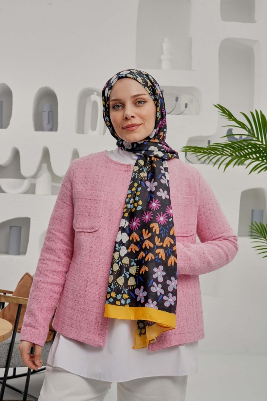 Çiçek Desen Sarı Soft Pamuk Şal - 1